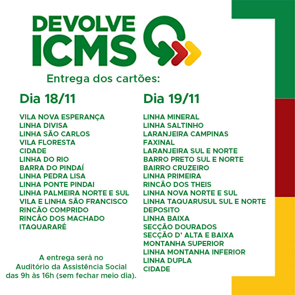 ATENÇÃO! ENTREGA DOS CARTÕES DEVOLVE ICMS